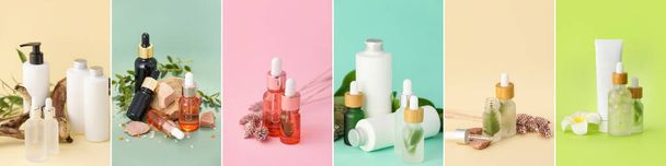 Set of different natural cosmetics on colorful background - Фото, изображение