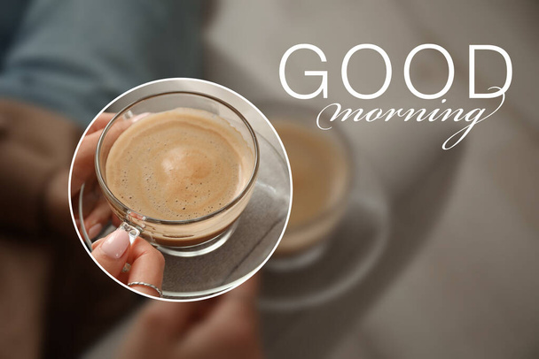 Kolaż z kobietą pijącą smaczną kawę i tekst Good Morning - Zdjęcie, obraz