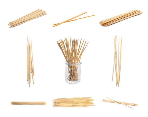 Set of wooden skewers isolated on white - Foto, afbeelding