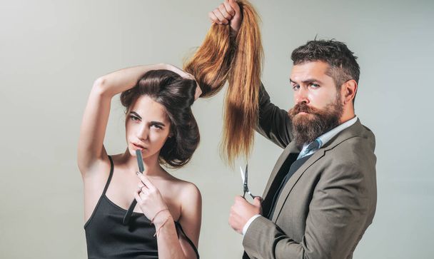 Beard styling and cut. Making haircut look perfect in barber shop. Razor sharp. Barber shop tools on gray background with copy space. - Фото, изображение