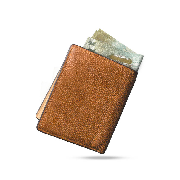 3D rendering of 20 Bahrain dinar notes popping out of a brown leather mens wallet - Photo, Image