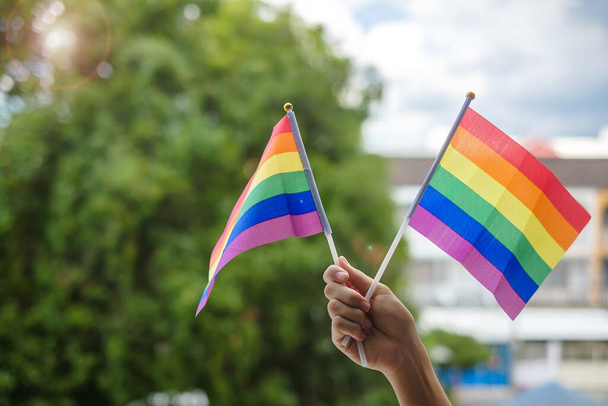 руки, показывающие флаг ЛГБТК Радуга на зеленом фоне природы. Поддержка лесбиянок, геев, бисексуалов, трансгендеров и гомосексуалистов - Фото, изображение