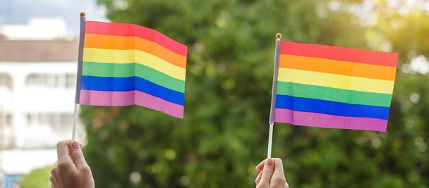 Hände, die LGBTQ-Regenbogenfahne auf grünem Naturhintergrund zeigen. Unterstützung der lesbischen, schwulen, bisexuellen, transgender und queeren Community und des Pride-Monats-Konzepts - Foto, Bild