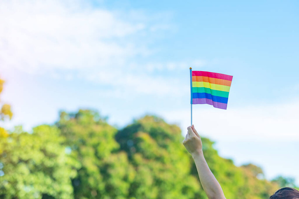 ruce ukazující vlajku LGBTQ Rainbow na přírodním pozadí. Podpora lesbických, gayů, bisexuálů, transsexuálů a homosexuálů komunita a hrdost měsíční koncept - Fotografie, Obrázek