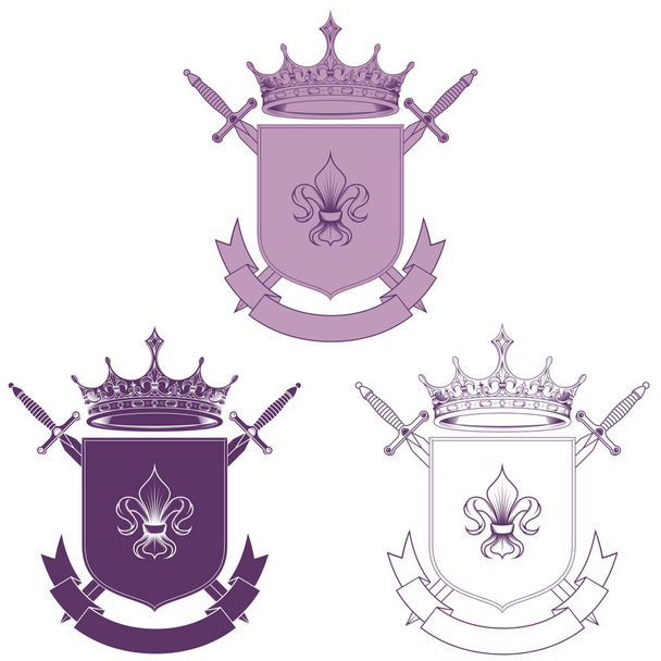 Mittelalterliches heraldisches Schildvektormuster, Wappen mit fleur de lis heraldischem Symbol, mit Kronen und Schwertern - Vektor, Bild