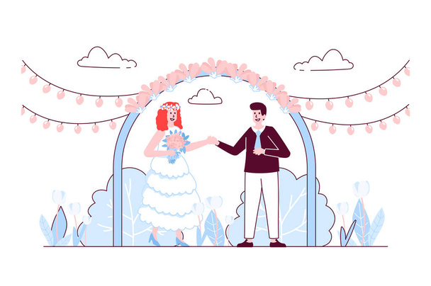 Huwelijksceremonie concept in plat ontwerp. Gelukkige bruid en bruidegom staan onder trouwboog van bloemen. Verliefd stel dat gaat trouwen. Vector illustratie met overzicht mensen scène voor web - Vector, afbeelding