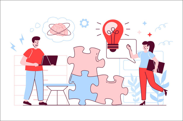Creative agency concept in flat line design. Man and woman generate new ideas, business brainstorming and creative solution, teamwork on project. Vector illustration with outline people scene for web - Вектор,изображение