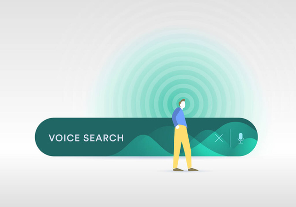 Concepto de tecnología de búsqueda por voz - Asistente de búsqueda de voz a texto e ilustración de reconocimiento de sonido. El personaje dibujado dice la consulta de búsqueda. Diseño plano vector ilustración. - Vector, Imagen
