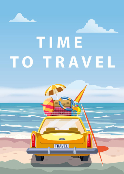 Tiempo para viajar coche amarillo con bolsas de equipaje, tabla de surf en la playa. Costa tropical, palmeras, mar, océano, vista trasera. Dibujos animados retro ilustración vectorial - Vector, imagen