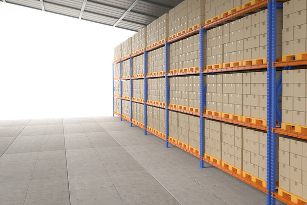 3D rendering rekken vol met kartonnen dozen in magazijn - Foto, afbeelding