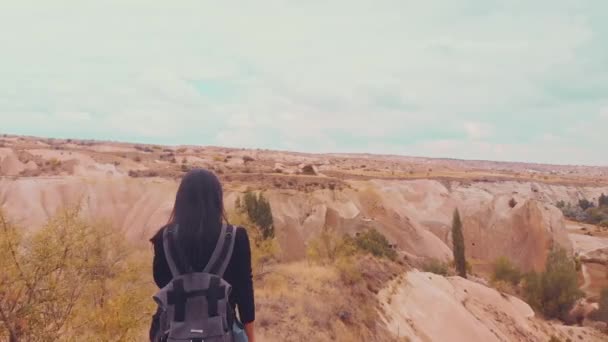 Tracking back view caucasian woman walk in scenic nature with grey backpack isolated. Hiking in Cappadocia, Turkey solo adventure - 映像、動画