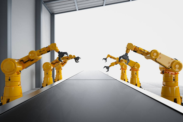 Concepto de industria de automatización con línea de montaje de robot de renderizado 3D en fábrica - Foto, Imagen