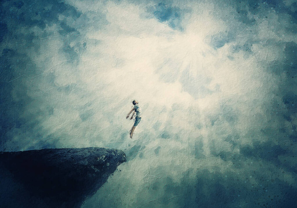 Prachtig schilderij met een persoon die van een klif in de wolken springt. Surrealistische scène van een jongen die naar het licht vliegt, vrijheid concept. Mysterieuze astrale levitatie en onbewuste psychokinese opname - Foto, afbeelding