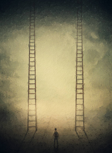 Surrealistisch schilderij met twee identieke ladders die naar de hemel leiden. Trap naar de hemel, keuze concept. Falen en succes, moeilijke beslissing, levensdilemma - Foto, afbeelding