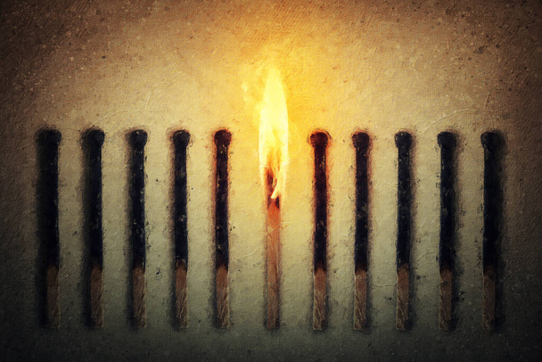 Conceptual painting with a burning match among multiple burnt matchsticks. Business leadership symbol. Unique flame among a row of extinguished sticks - Photo, Image