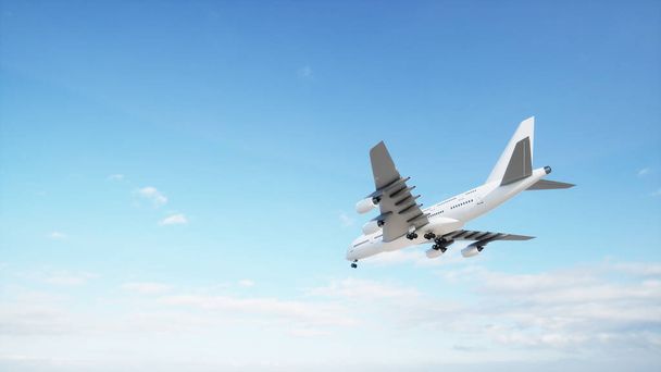 Avión de pasajeros blanco volador conceptual o avión comercial después de despegar levantándose sobre un hermoso fondo del cielo. Ilustración 3D para el transporte a reacción, la industria de viajes o el concepto moderno de libertad - Foto, imagen