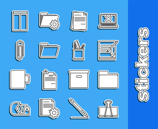Set line Binder clip, Document folder, Blank notebook and pen, File document, Paper, Envelope and Pencil case stationery icon. Vector - Wektor, obraz