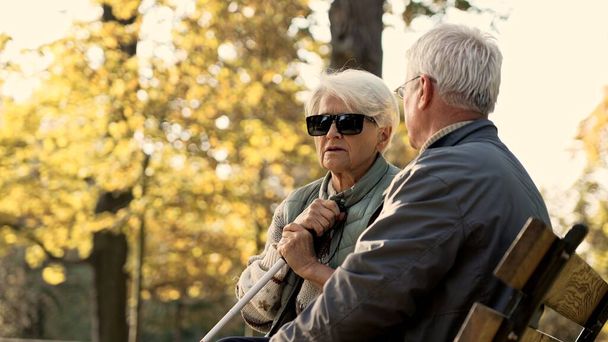 Senior retired caucasian couple sitting on the bench in the park, disabled wife in glasses and a stick park selective focus. - Fotografie, Obrázek
