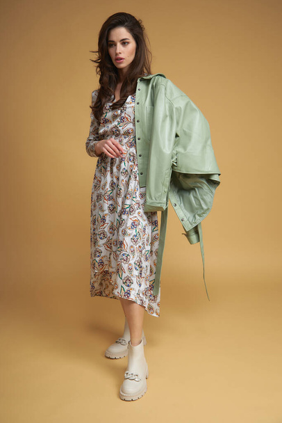 Fashionable woman in collection clothing and shoes. Female fashion designer lookbook 2022 spring season. Casual lifestyle beauty concept. - Photo, Image