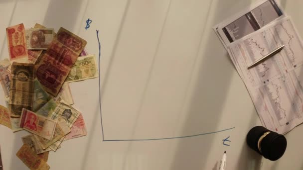 Graphs of trading on the foreign exchange market and securities market, top view, painted marker on a white board in the style of the 90's - Footage, Video