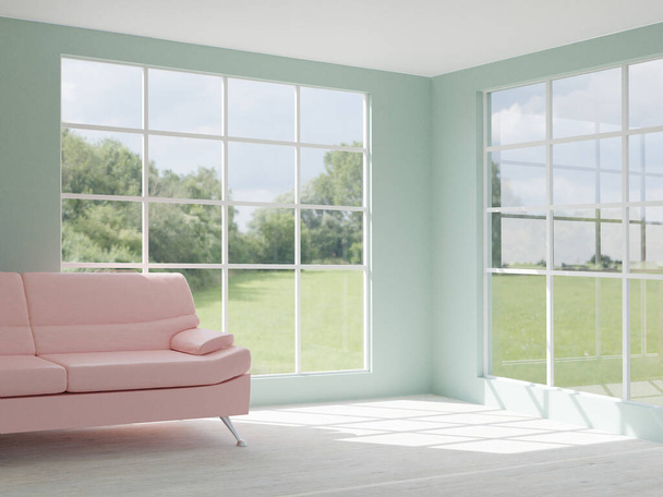 A bright room with a modern minimalist design, close up.  There is a sofa,  floor lamp and flowers against the walll.  Two panoramic window with curtains overlooking the summer landscape.  3D illustration - Foto, Imagen