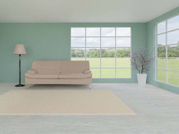 Egy világos szoba modern minimalista dizájnnal. Van egy kanapé, padlólámpa és virágok ellen a walll. Két panoráma ablak nyílik a nyári tájra. 3D illusztráció - Fotó, kép
