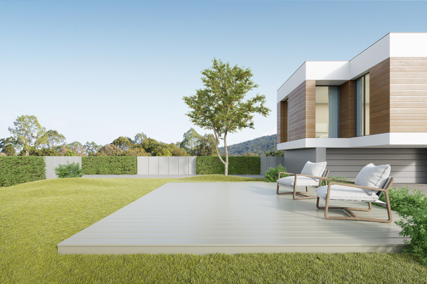 3d rendering of luxury house with large wood deck and lawn yard. - Foto, Imagen