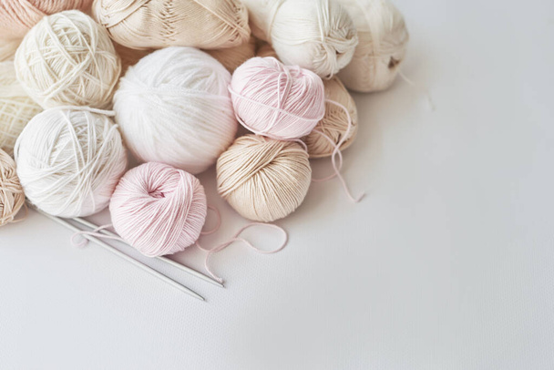 Skeins of yarn, knitting needles, accessories for knitting. Handmade, hobby. - Photo, Image