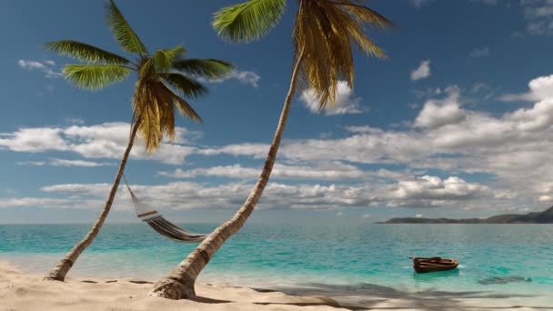 Nyár, tenger, strand a trópusokon pálmafákkal, függőágy és egy csónak. - Felvétel, videó