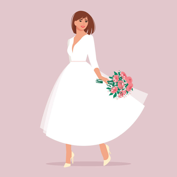 Woman bride in white dress with bouquet. Vector illustration in flat style - Вектор,изображение