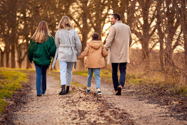 Rear View Of Family Holding Hands On Walk Through Autumn Countryside Together - Fotoğraf, Görsel