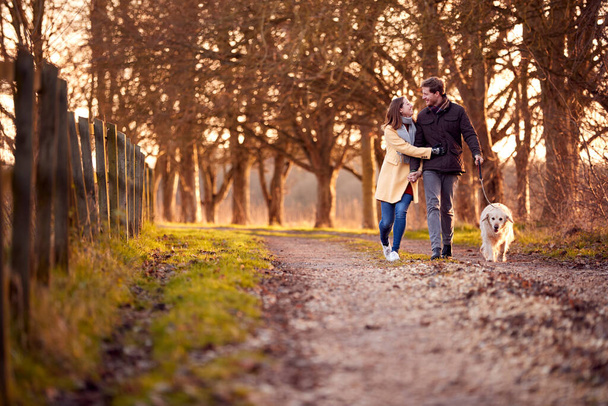 Couple With Woman With Prosthetic Hand Walking Pet Dog Through Winter Or Autumn Countryside - Fotó, kép