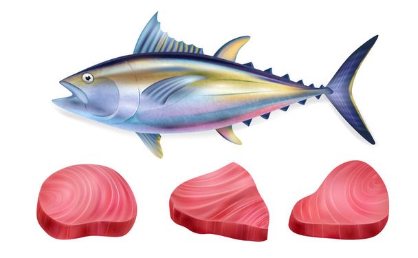 Realistic Tuna Fish Steak Icon Set - Vector, Image
