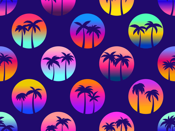 Saumaton kuvio palmuja taustalla auringon tyyliin 80-luvulla. Futuristinen aurinko kaltevuudella. Suunnittelu bannerit ja myynninedistämistarkoituksessa kohteita. Vektoriesimerkki - Vektori, kuva