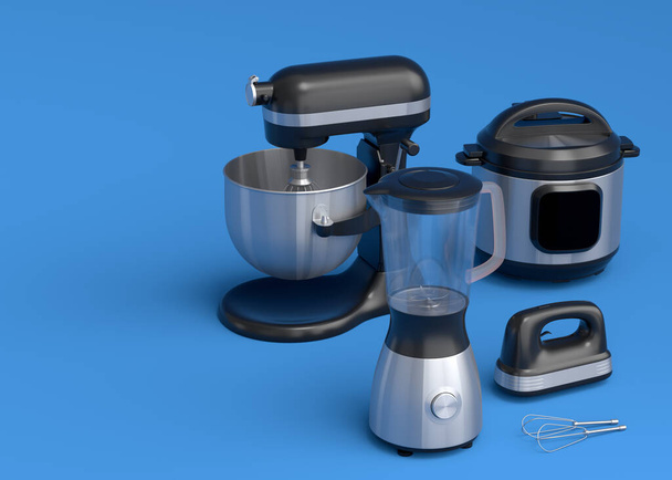Electric blender for making healthy smoothie, hand mixer and multi cooker on blue background.. 3d render of kitchen appliance for cooking - Foto, immagini
