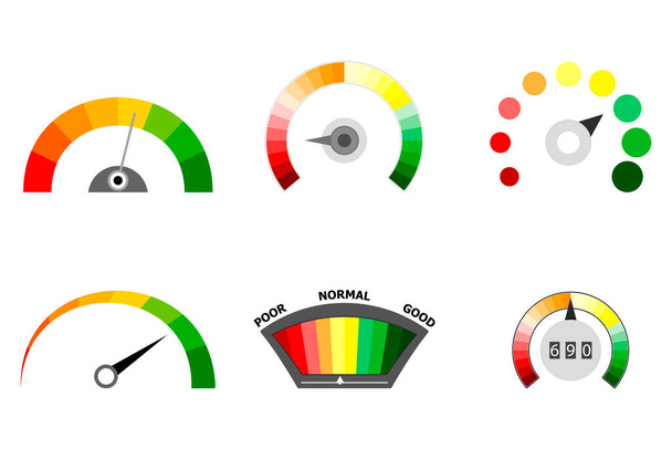 Set of indicators spectrum device measure credit score. Vector credit indicate measure, electricity power level and dashboard assessment illustration - Vettoriali, immagini