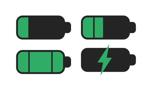 Geïsoleerde zwarte smartphone batterij niveau indicator pictogrammen op witte achtergrond. Concept vermogen, energie, laag, vol, emplty, belasting.  - Vector, afbeelding