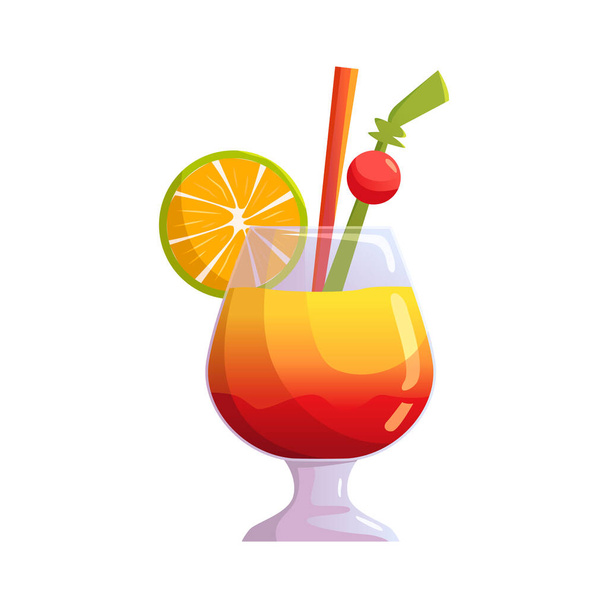 Orange juice fresh cocktail in a glass with cherry isolated on white background. Tropical beach party. Vector cute Illustration in cartoon style. - Διάνυσμα, εικόνα