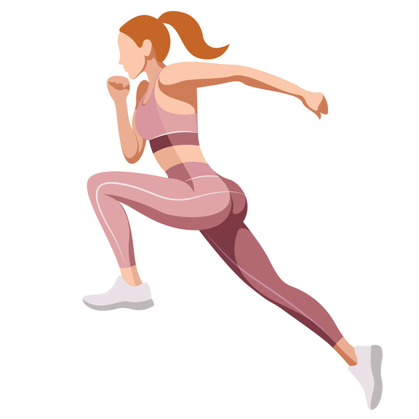 vektor illusztráció egy gyönyörű karcsú lány sport egyenruhában (leggings és egy sport melltartó) foglalkozik fitness, sport, vonatok elszigetelt fehér háttér. A nő menekül. reggeli futás. futás. - Vektor, kép
