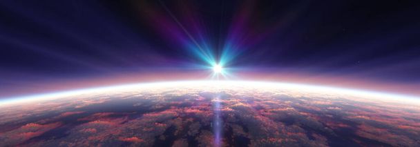 Salida del sol de la Tierra desde el espacio sobre el océano nublado. Ilustración de representación 3d - Foto, Imagen