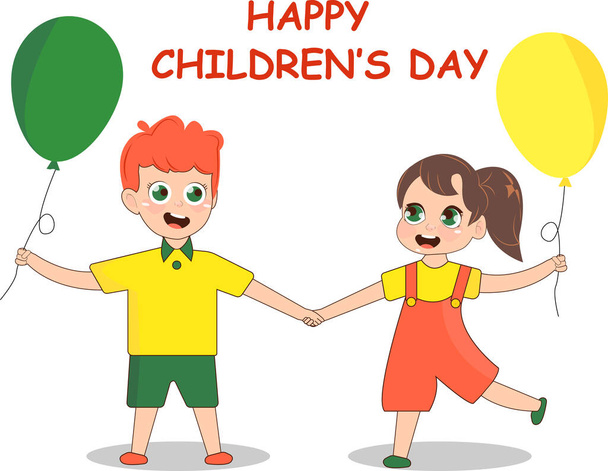 απεικόνιση του ευτυχισμένου αγοριού και του κοριτσιού κρατώντας μπαλόνια κοντά στην ευτυχισμένη ημέρα των παιδιών γράμματα σε λευκό - Διάνυσμα, εικόνα