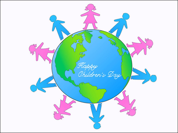 illustration of kids around globe and happy childrens day lettering on white - Vetor, Imagem