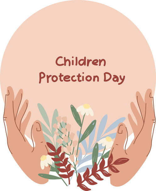 illustration of female hands near flowers and children protection day lettering on pink - Vetor, Imagem