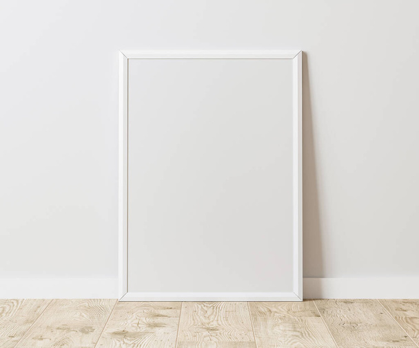 Üres függőleges fehér keret fa padlóra fehér fallal, 3: 4 arány, 30x40 cm, 18x24 hüvelyk, poszter keret mock up, 3d renderelés - Fotó, kép