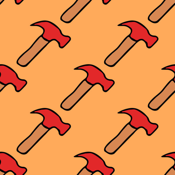 Seamless vector pattern with construction hammer. Colored construction tools background. Doodle construction pattern - Vektör, Görsel