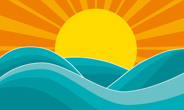 要旨夏の背景、太陽と波、嵐の海。コピースペース付きベクトルイラスト - ベクター画像