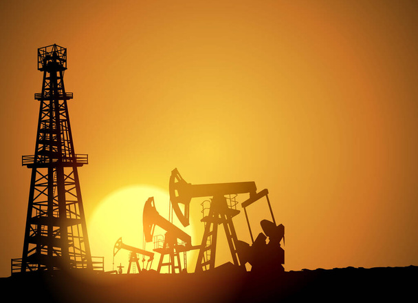 Oil field over sunset. Vector illustration. Gas industry. Dark silhouette drilling rig. - Вектор,изображение