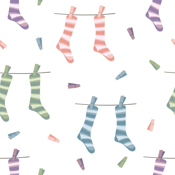 Patrón sin costuras con calcetines a rayas de punto que cuelgan de la cuerda y pasadores de ropa sobre fondo blanco - Vector, Imagen