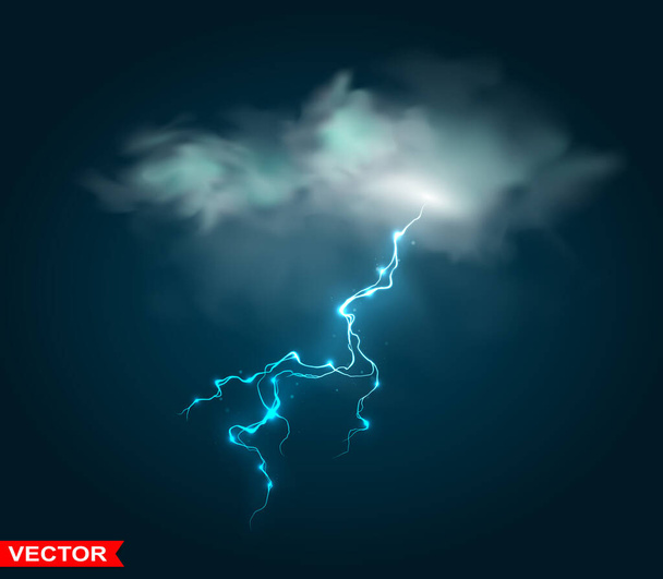 Realistic rain cloud thunder storm blue lightning. Magic and bright lighting effects. On dark blue background. Layered vector. - Wektor, obraz
