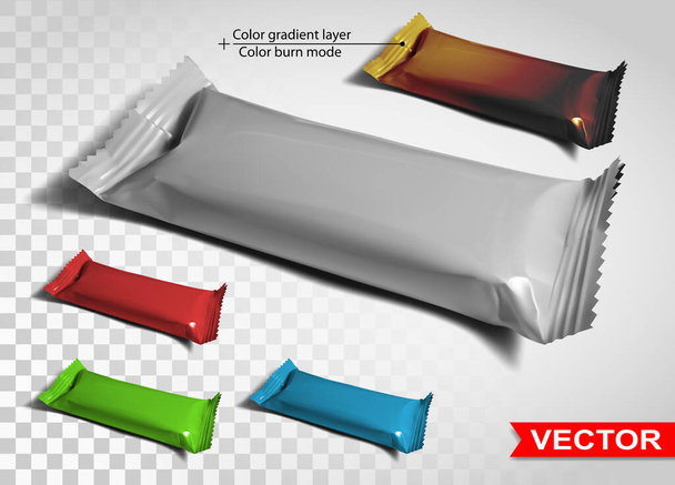 Colorful empty blank polyethylene package. Mockup set for snack product, chocolate bar, sweet stick. Gradient layered vector packaging. - Вектор,изображение